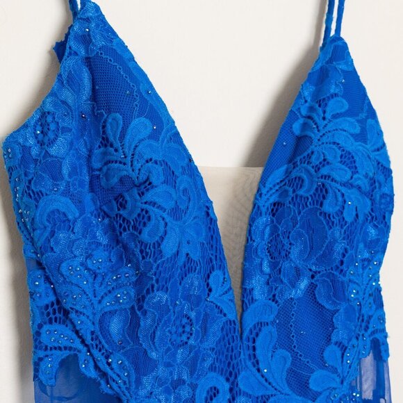 La Femme Prom Maxi Dress 28355 Mermaid Lace Rhinestone Blue - Picture 5 of 15